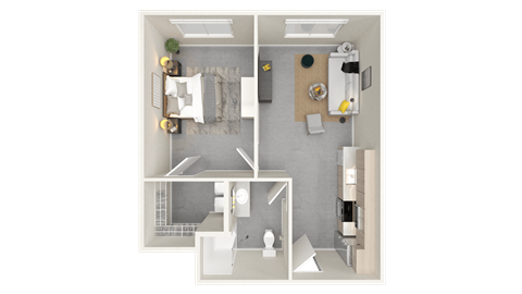 a 3d rendering of a bedroom floor plan of a 2100 sq ft apartment